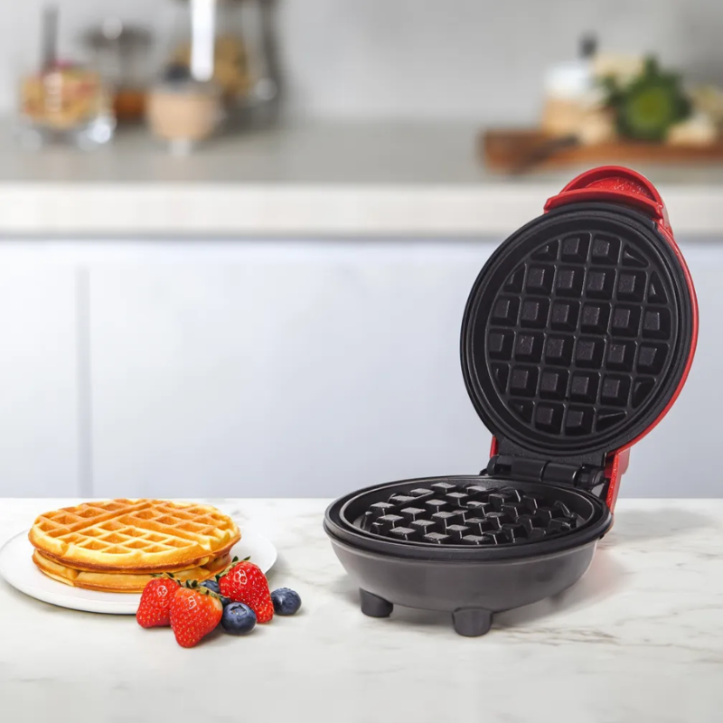 Mini Waffle Maker – Portable Electric Round Waffle Grill Machine for Pancakes, Cookies, Eggs, Paninis & Hash Browns (Red Color- 350W)